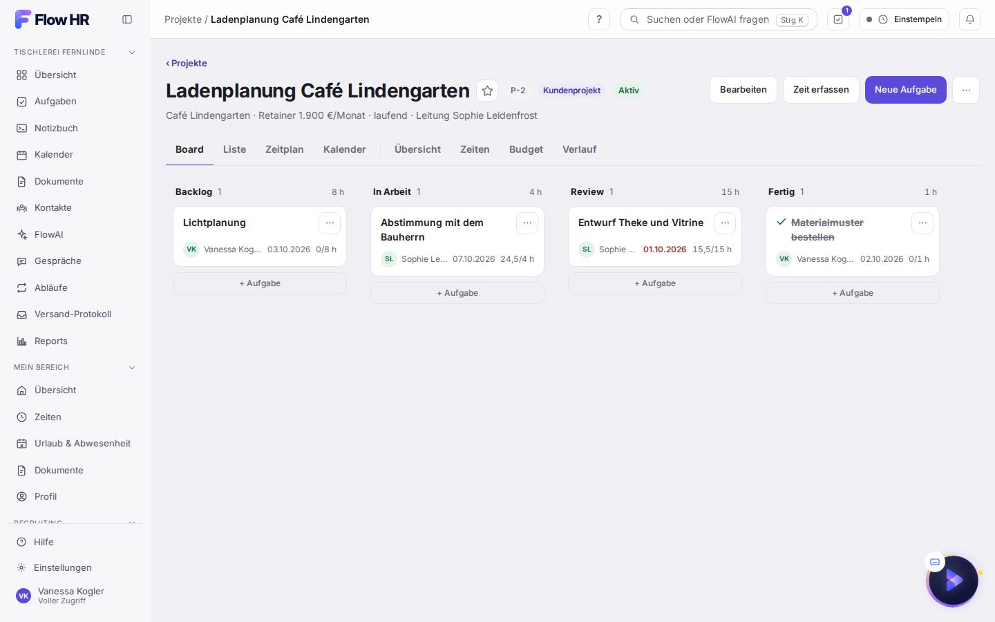 Das Board eines Projekts mit seinen Phasen