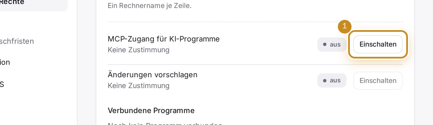 Die Zeile „MCP-Zugang für KI-Programme“ mit dem Knopf „Einschalten“