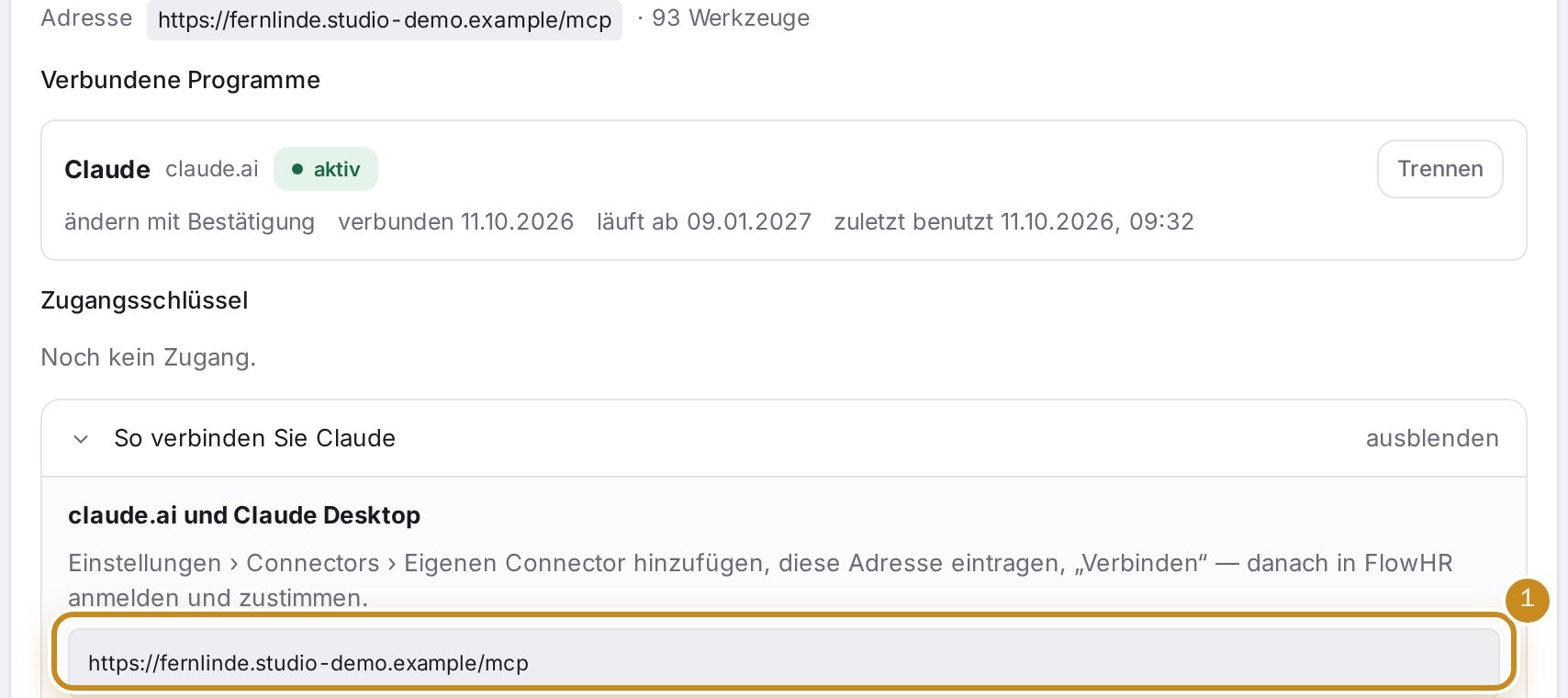 Die Adresse des MCP-Zugangs unter „So verbinden Sie Claude“