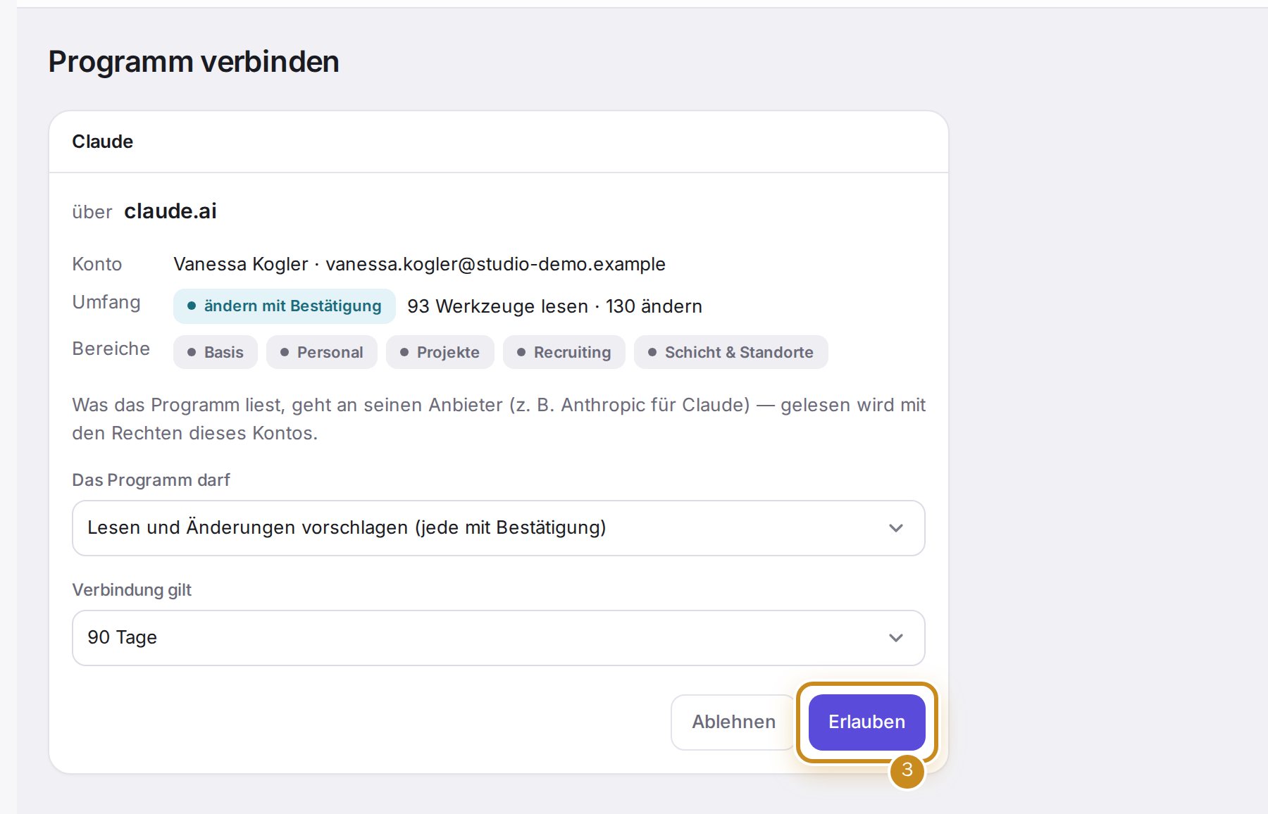 Die Seite „Programm verbinden“ mit dem Knopf „Erlauben“