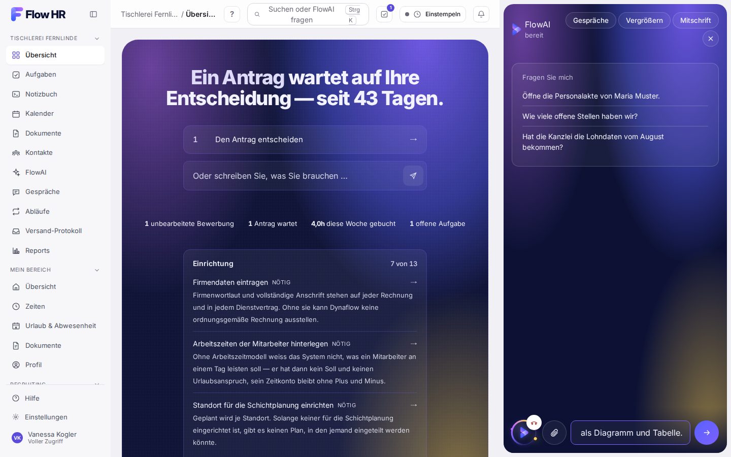 Das Blatt von FlowAI mit einer Bitte im Eingabefeld