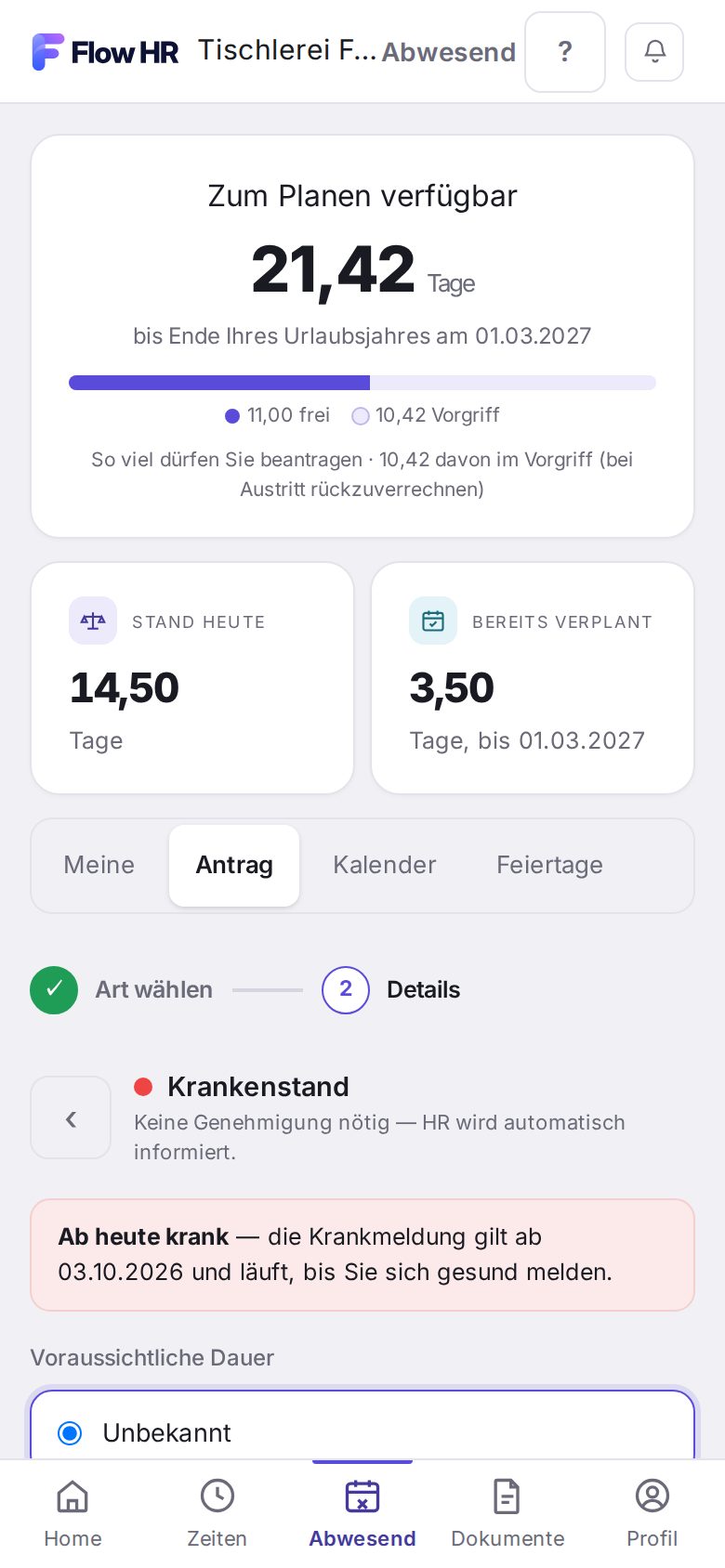 Das Formular der Krankmeldung