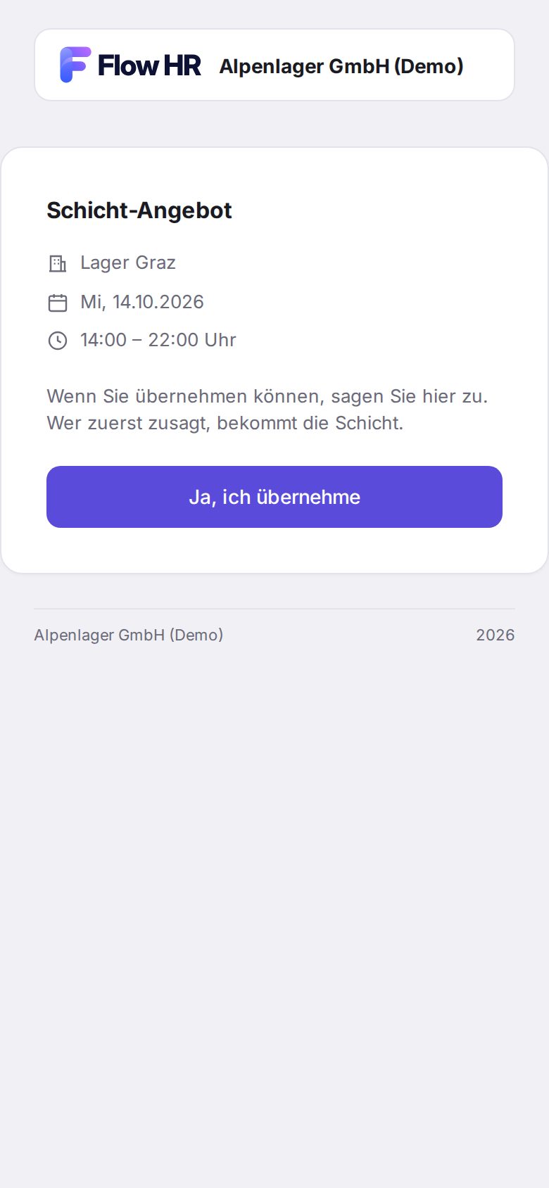 Das Angebot am Handy, mit dem Knopf „Ja, ich übernehme“