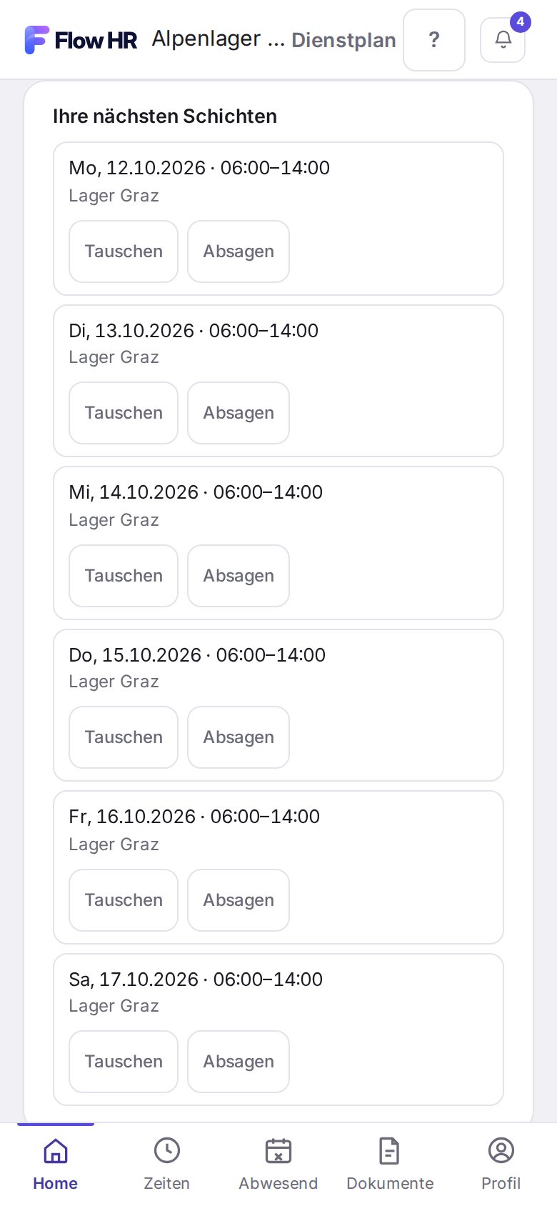Die nächsten Schichten im Portal mit „Tauschen“ und „Absagen“
