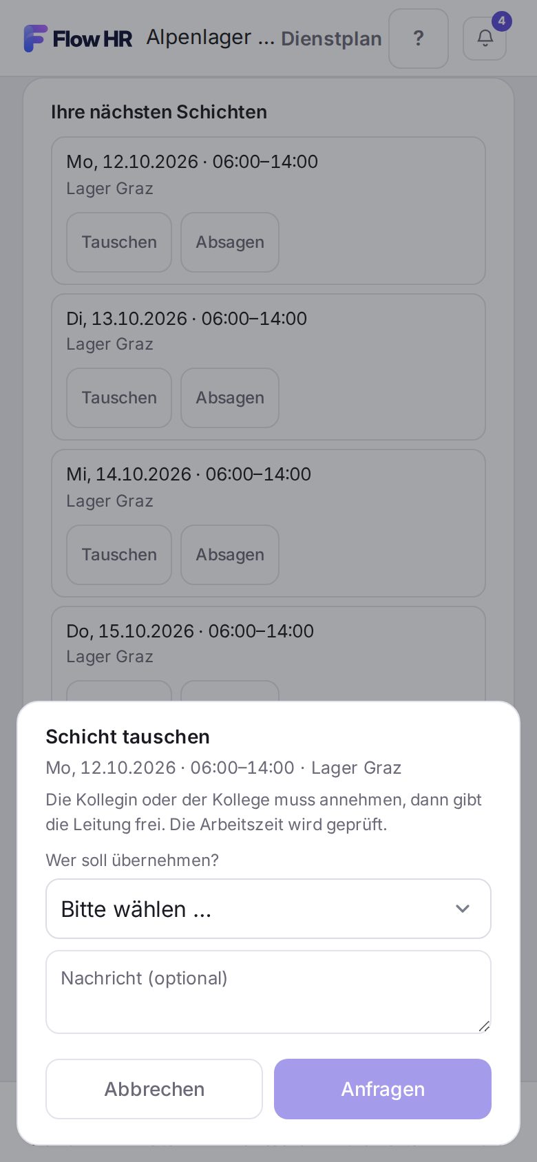 Das Fenster „Schicht tauschen“