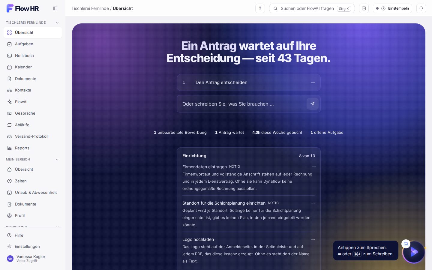 Die Startseite mit der Karte „Einrichtung“