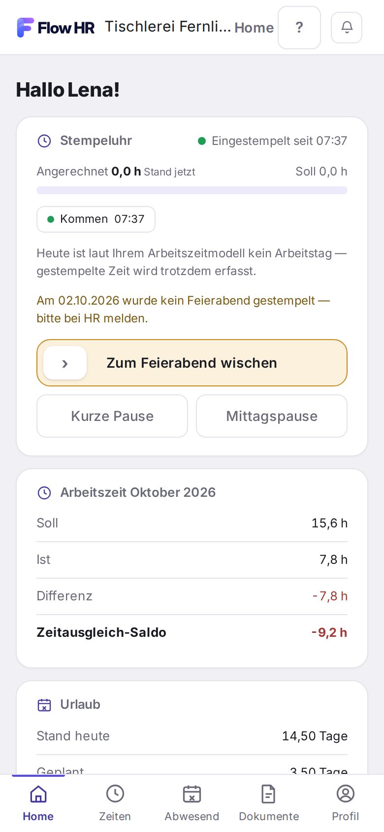 Eingestempelt, mit den Knöpfen für die Pausen