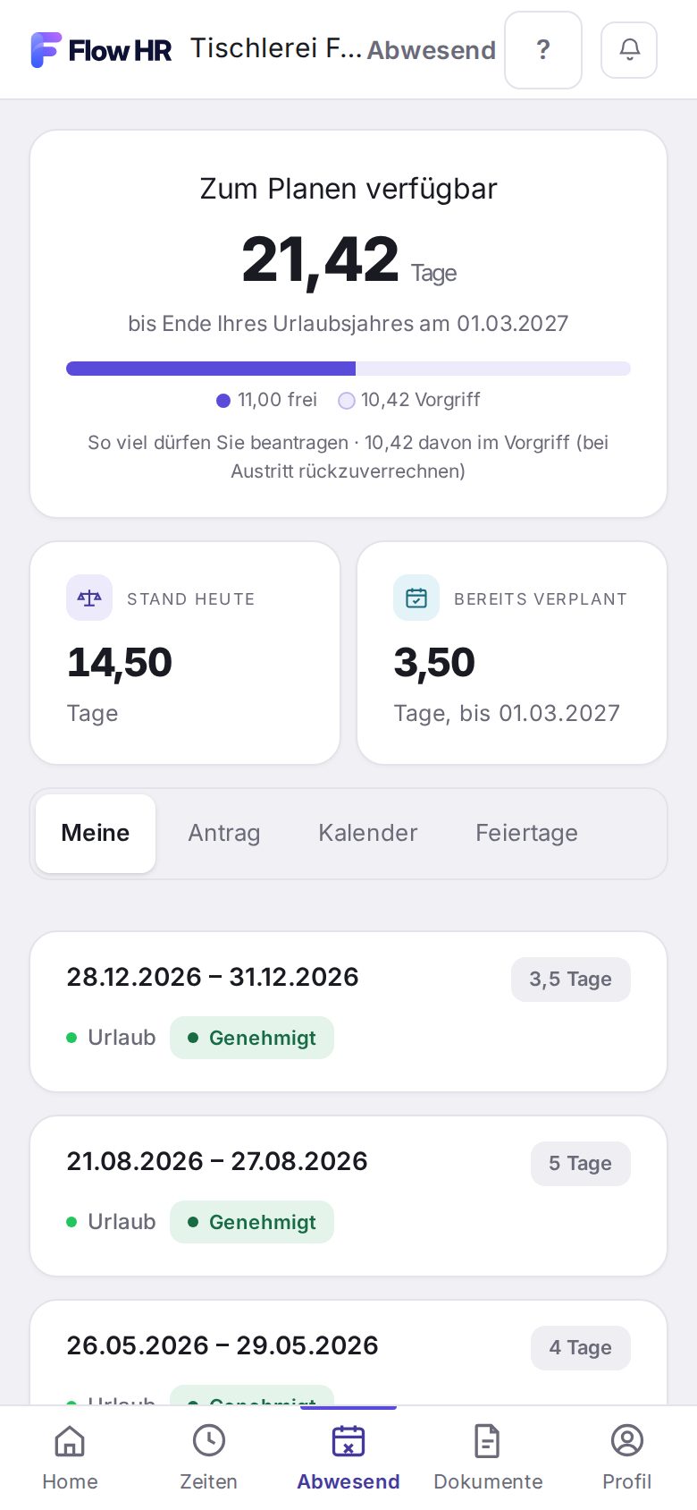 Die Seite „Abwesend“ mit den verfügbaren Urlaubstagen