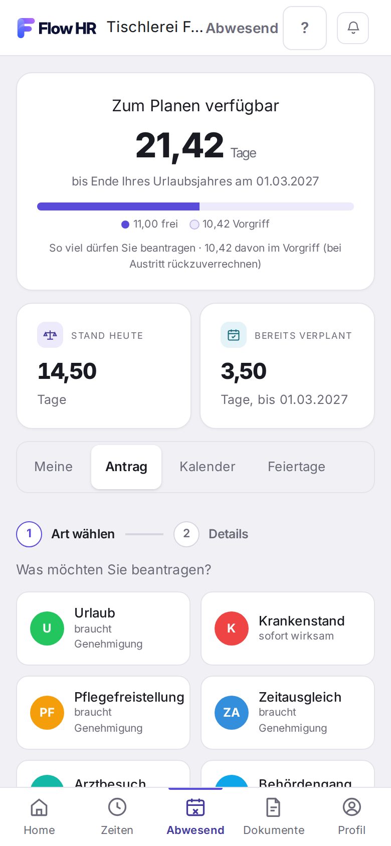 Die Auswahl der Abwesenheits-Arten