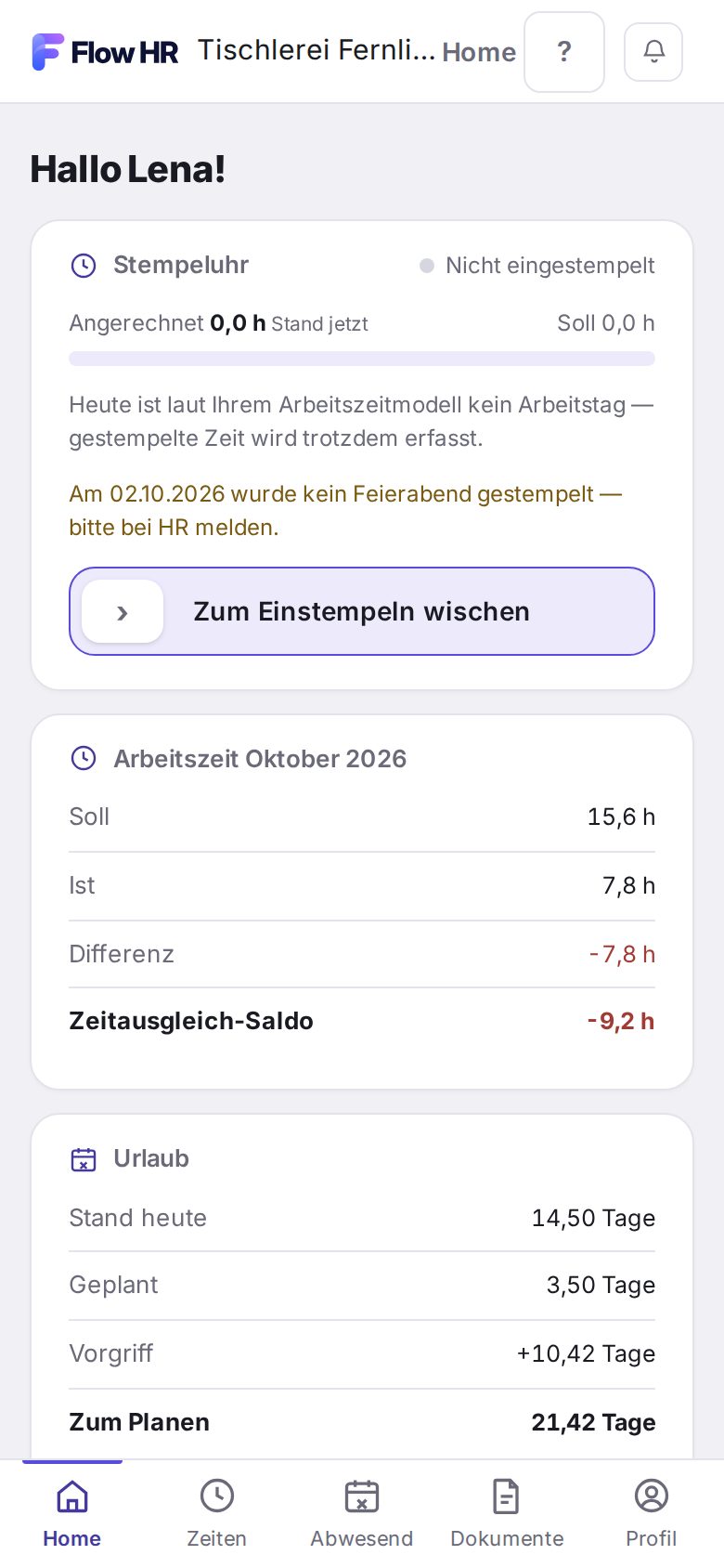 Der Hinweis auf den fehlenden Feierabend in der Stempeluhr